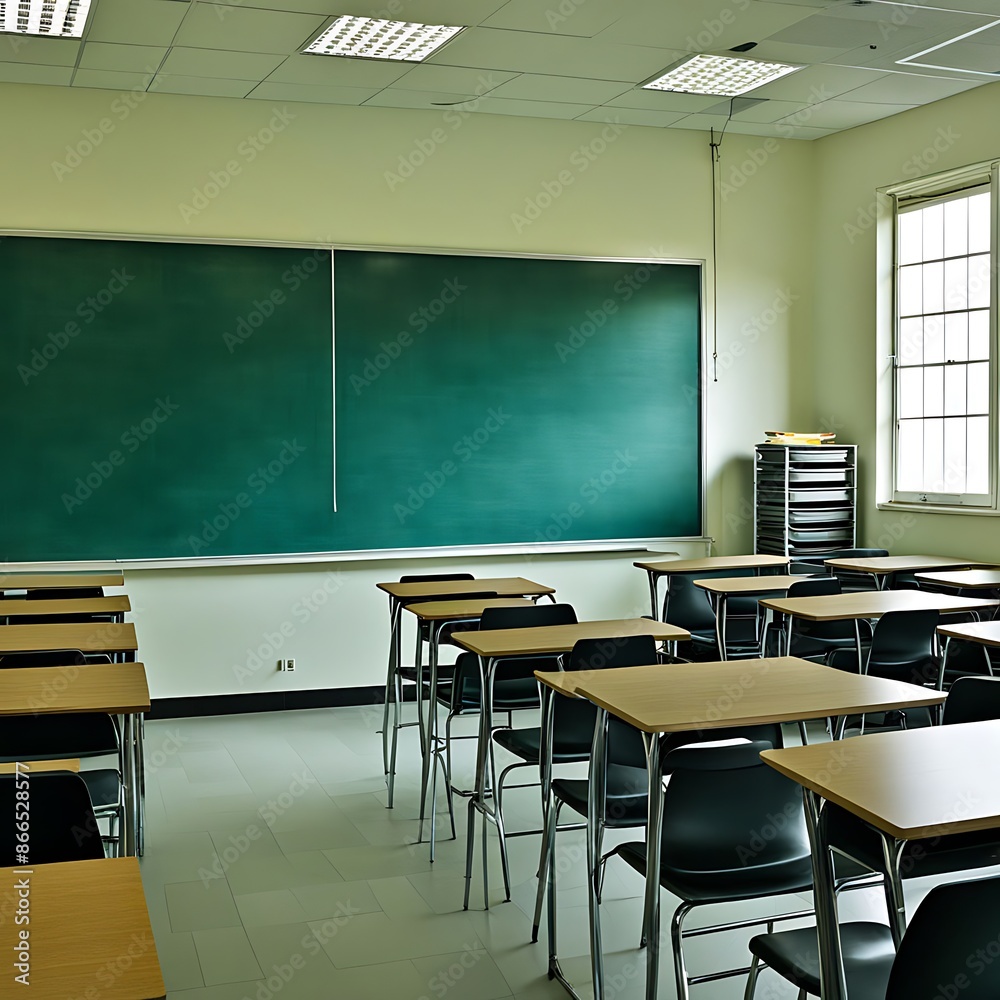 Empty classroom with chalkboard, desks, and chairs. Concept of education, learning, school, teaching, and knowledge. Empty classroom with chalkboard, desks, and chairs. Concept of education, learning, school, teaching, and knowledge.