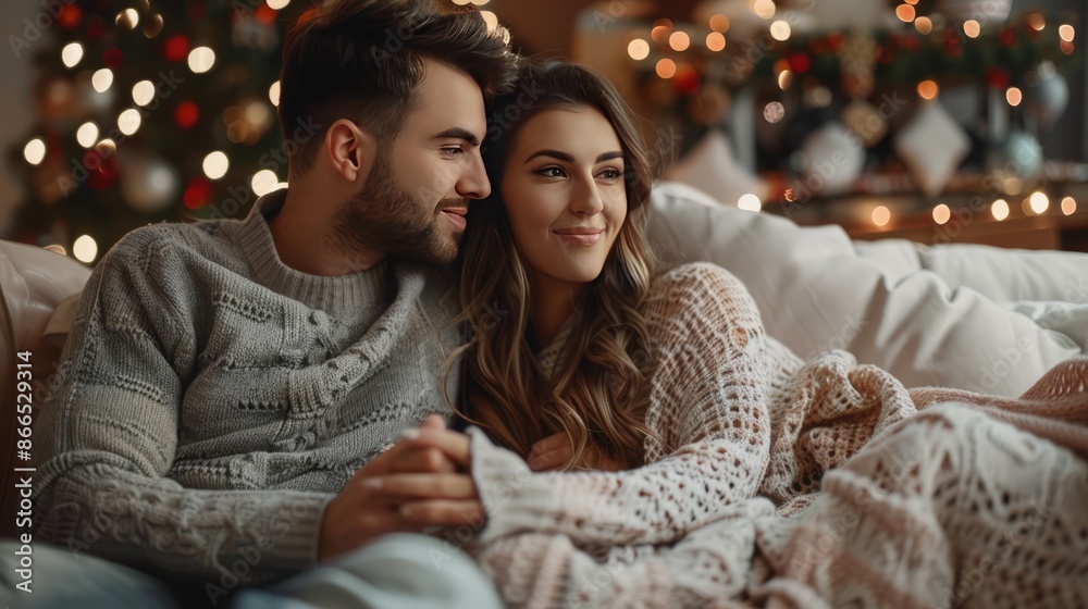 A couple in love with Christmas tree in the background A couple in love with Christmas tree in the background