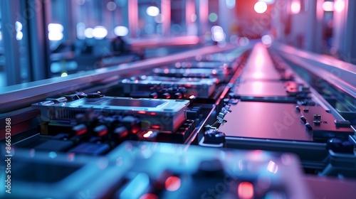 Photo of a modern factory for the production of car battery cells on a conveyor belt, depicting the electronic industry concept © Sourav Mittal