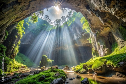 The majestic and mysterious interior of Son Doong Cave, the world’s largest cave, with sunlight streaming through the openings and lush greenery inside.