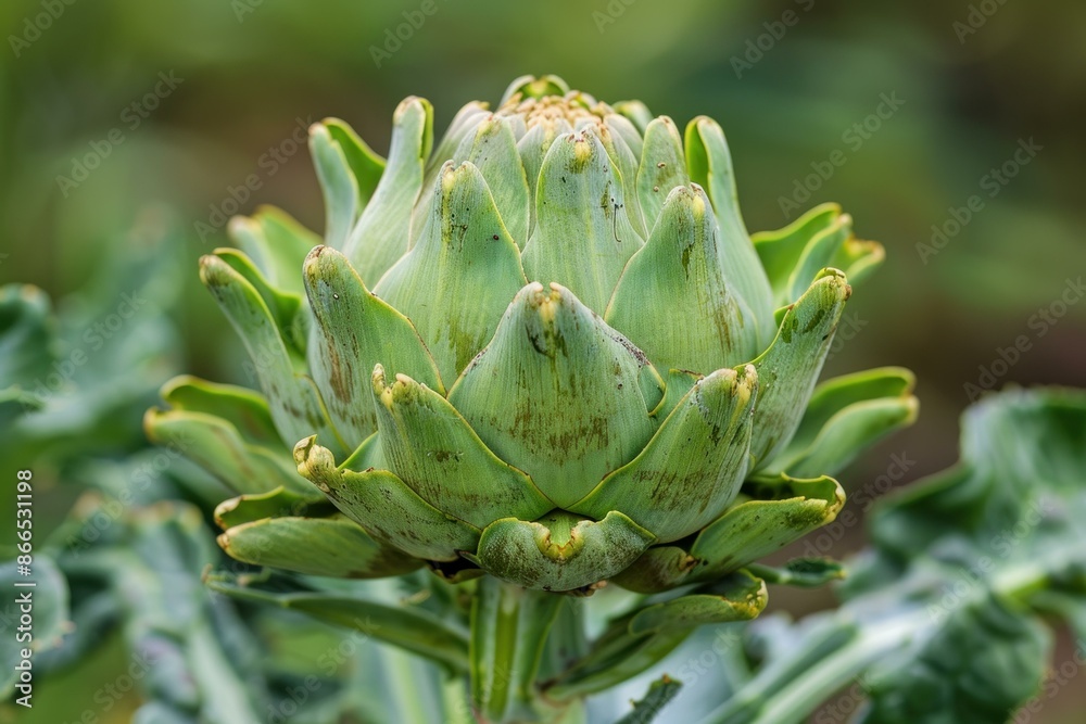 Detailed image showcasing a green artichoke against a soft background in a garden Detailed image showcasing a green artichoke against a soft background in a garden