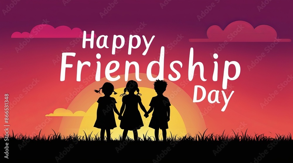 A heartwarming vector illustration celebrating Friendship Day. Silhouettes of three children holding hands against a beautiful sunset backdrop. Perfect for greeting cards, social media posts A heartwarming vector illustration celebrating Friendship Day. Silhouettes of three children holding hands against a beautiful sunset backdrop. Perfect for greeting cards, social media posts