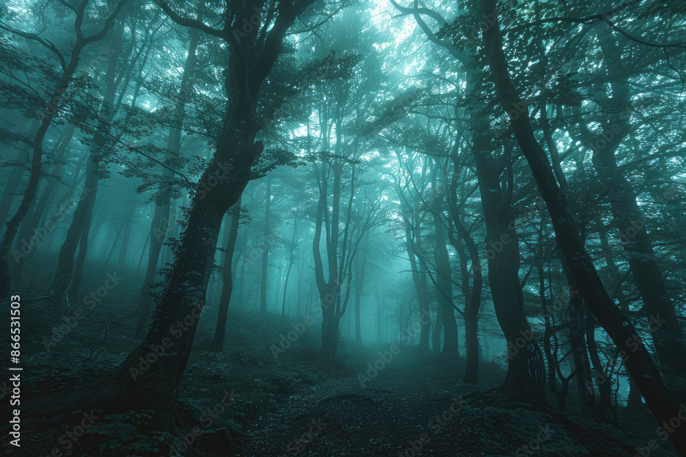 Obraz premium Mystical foggy forest with blue light