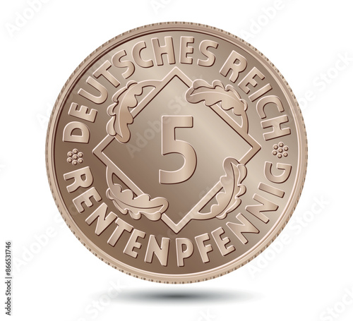 5 Rentenpfennig coin of the Weimar Republic. Minted in aluminum bronze in 1923-1924. The coin outlined by vector.