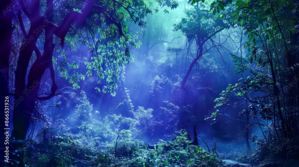 A dense forest in which every tree, bush and plant emits delicate, phosphorescent light. Animals move among the plants and emit light, creating a magical and mysterious atmosphere. Shades of blue, gre A dense forest in which every tree, bush and plant emits delicate, phosphorescent light. Animals move among the plants and emit light, creating a magical and mysterious atmosphere. Shades of blue, gre