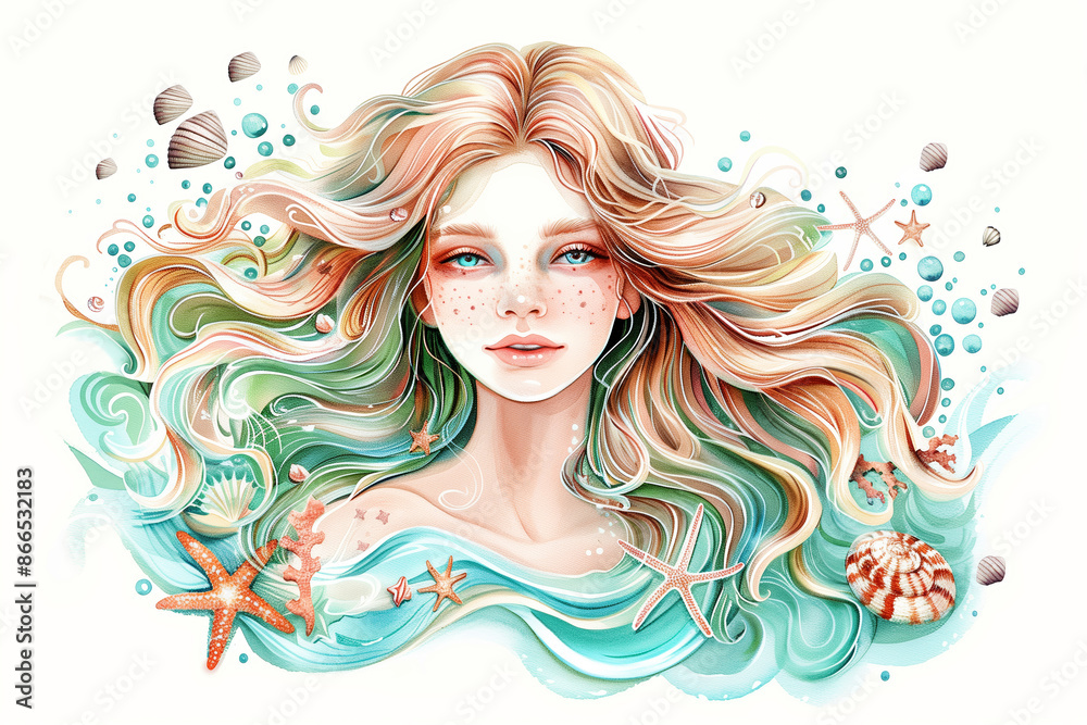 Watercolor young woman with sea shells and starfish portrait art. Colorful creative watercolor illustration Watercolor young woman with sea shells and starfish portrait art. Colorful creative watercolor illustration