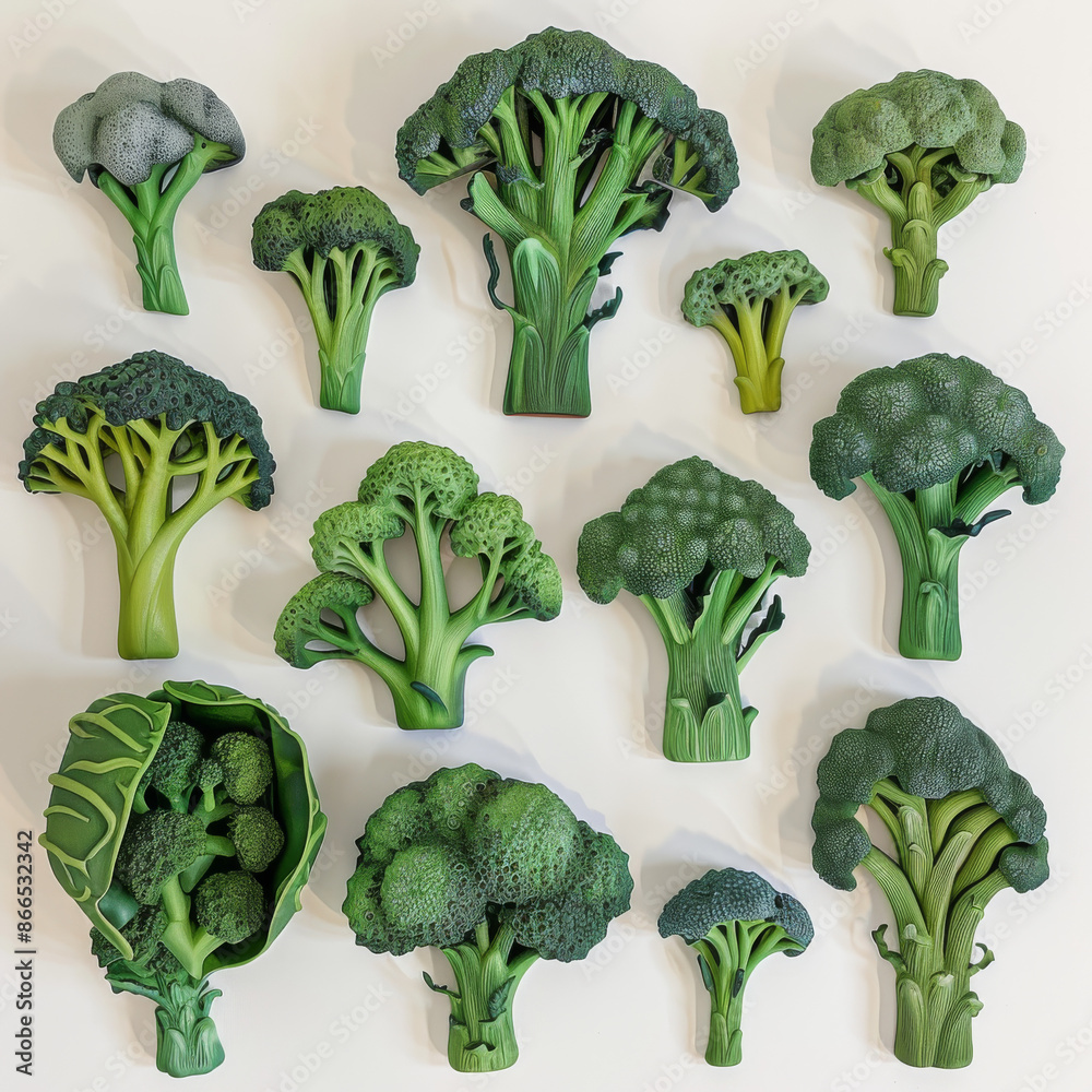 Collection of fresh green broccoli on a white background, top view. Banner design. Collection of fresh green broccoli on a white background, top view. Banner design.