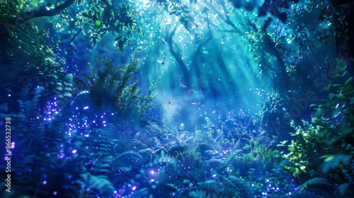 A dense forest in which every tree, bush and plant emits delicate, phosphorescent light. Animals move among the plants and emit light, creating a magical and mysterious atmosphere. Shades of blue, gre