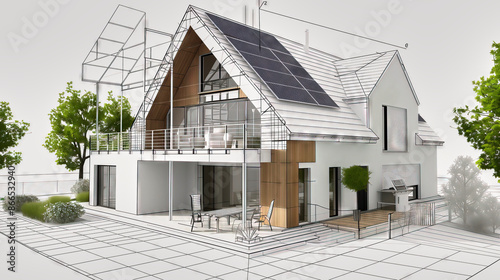 Modern detached house architectural project with rooftop solar panels, blending classic and contemporary styles