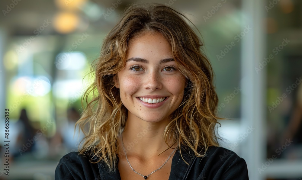 Headshot and smiling face of businesswoman near a window, indicating profession and job. Headshot and smiling face of businesswoman near a window, indicating profession and job.