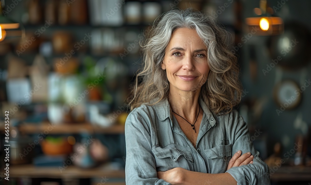 Mature, middle-aged businesswoman smiles confidently with her arms crossed in an office. Mature, middle-aged businesswoman smiles confidently with her arms crossed in an office.