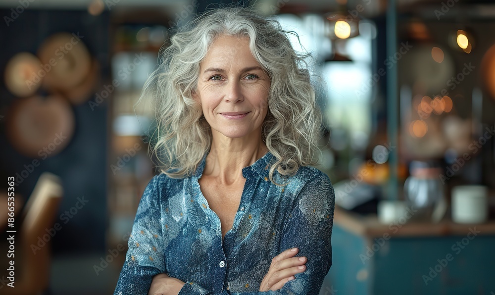 Mature, middle-aged businesswoman smiles confidently with her arms crossed in an office. Mature, middle-aged businesswoman smiles confidently with her arms crossed in an office.