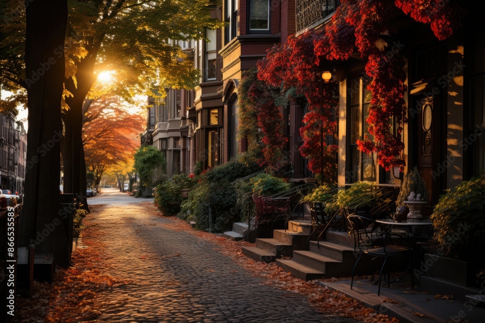 Beacon Hill, Boston cobblestone streets and historic houses., generative IA Beacon Hill, Boston cobblestone streets and historic houses., generative IA