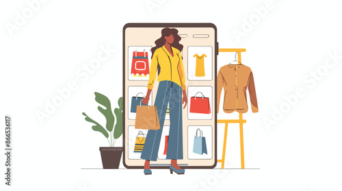 Online order woman simple. Women near smartphone screen