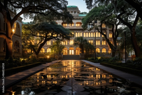 Golden Facade of the Telfair Museum in Savannah., generative IA photo