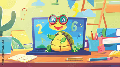 Online teacher. Smart turtle professor on laptop screen