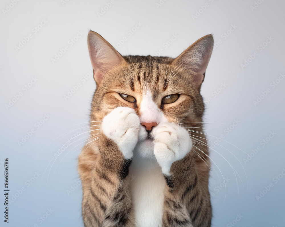 Obraz premium A cat with a sad face is covering his face and crying
