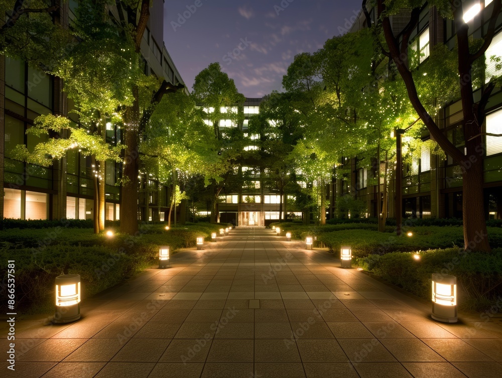 Evening view of Japanese university campus, illuminated pathways and serene atmosphere, [nighttime campus], [peaceful study environment]