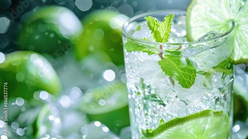 Classic mojito with mint leaves, lime slices, and ice in a clear glass, showcasing a popular refreshing drink