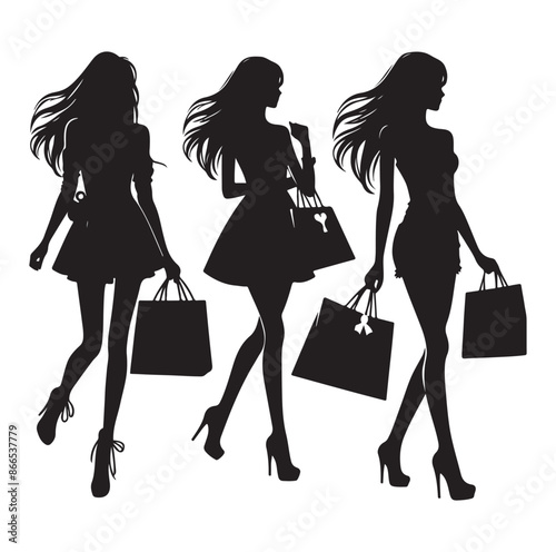 shopping girl woman holding shopping bag silhouette vector illustration