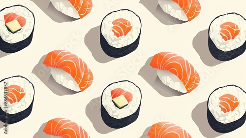 Freshly Rolled Sushi and Colorful Background Illustration - Vibrant Asian Cuisine Concept on Beige Backdrop Stock Vector