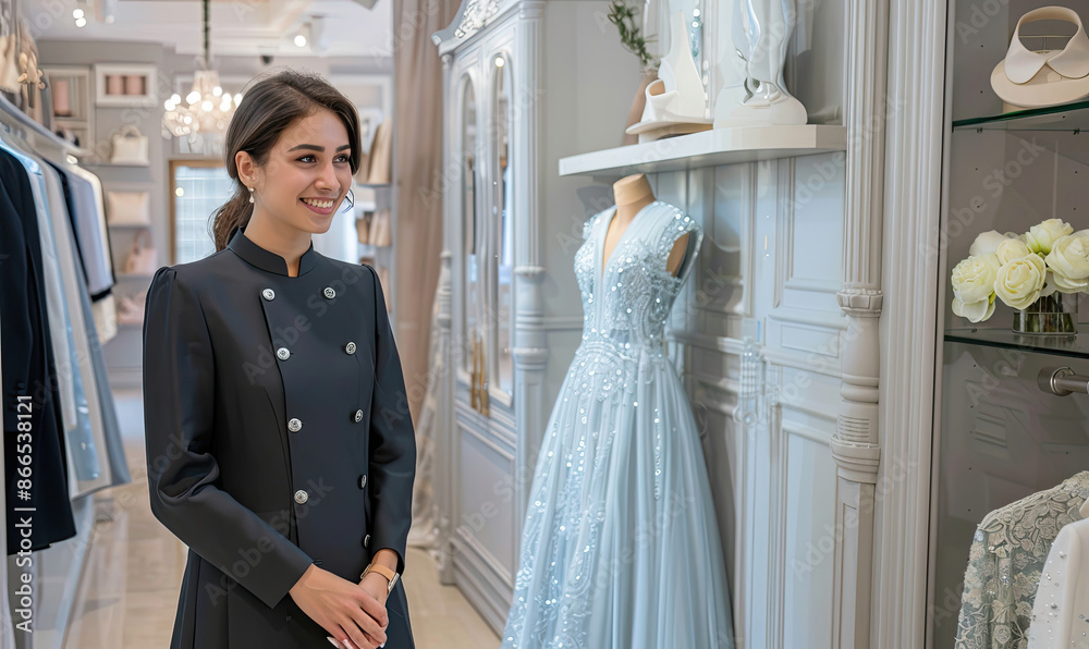 Smiling bridal shop assistant standing in boutique showroom Smiling bridal shop assistant standing in boutique showroom