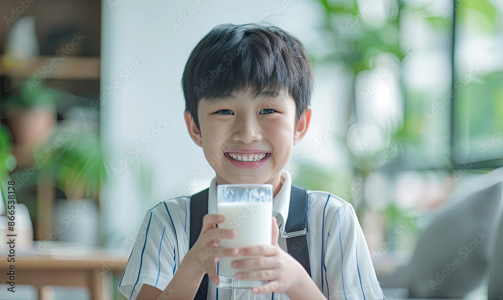 Happy asian schoolboy holding a glass of milk smiling at home Happy asian schoolboy holding a glass of milk smiling at home