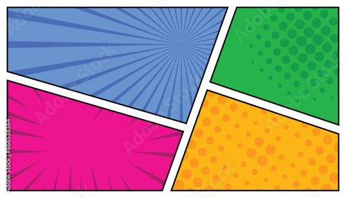 Comic book colorful frames background with halftone, rays, radial and dotted effects, pop art style, vector illustration