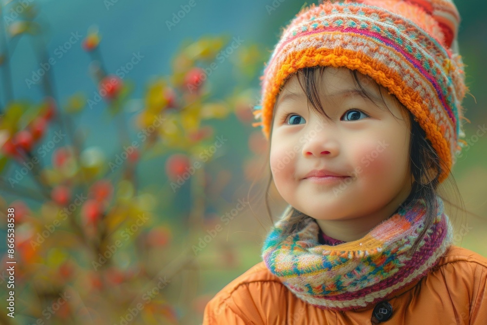 Cheerful young girl wearing a colorful knitted hat and scarf enjoying a crisp autumn day Cheerful young girl wearing a colorful knitted hat and scarf enjoying a crisp autumn day