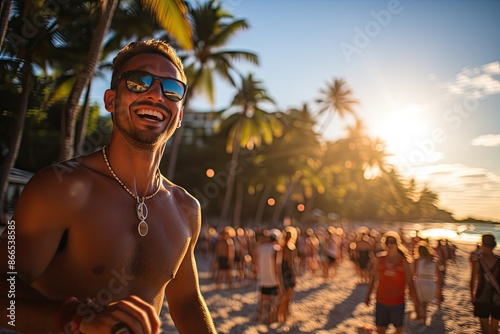 Volleyball on Miami Beach beach, under Palmeiras., generative IA photo