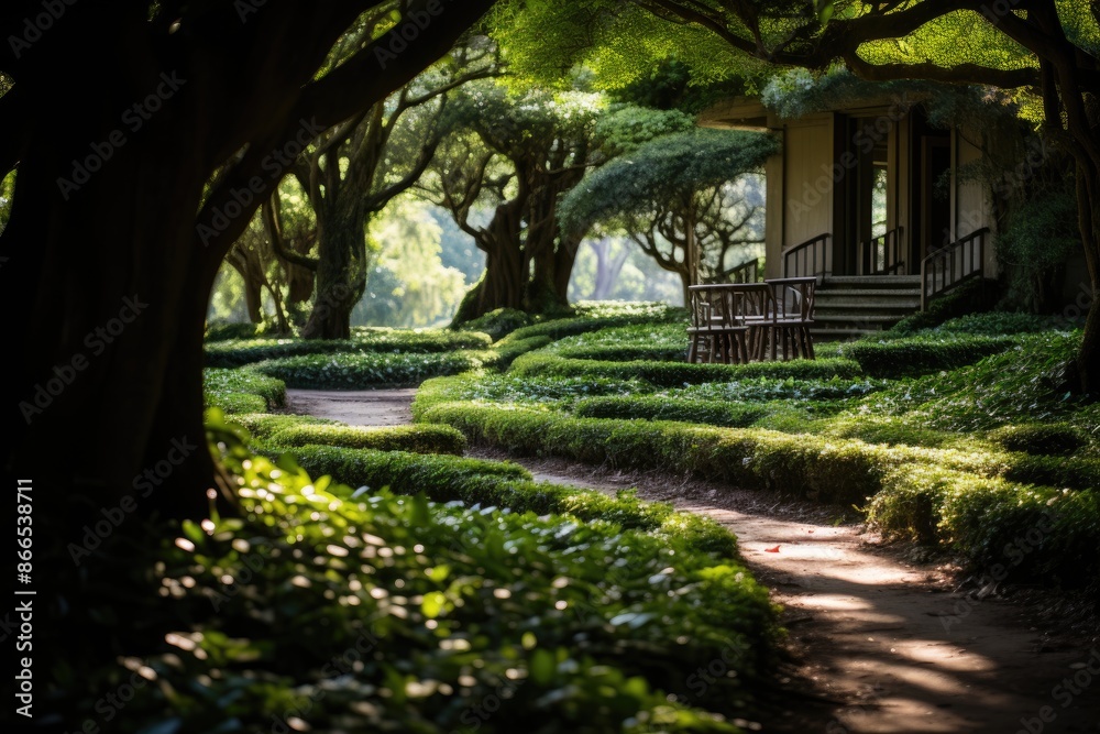 Tea plantation in Charleston, USA, with visitors walking., generative IA Tea plantation in Charleston, USA, with visitors walking., generative IA
