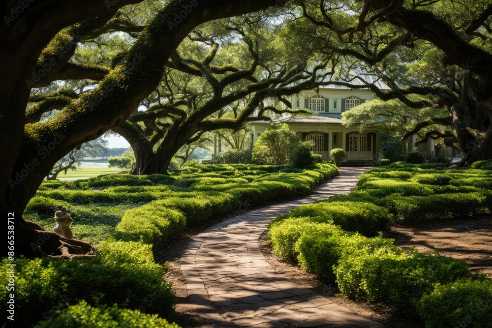 Tea plantation in Charleston, USA, with visitors walking., generative IA Tea plantation in Charleston, USA, with visitors walking., generative IA