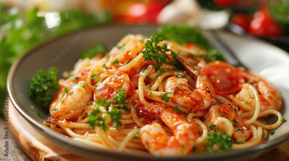 The plate of spaghetti with shrimp is garnished with parsley. The shrimp are cooked in a tomato sauce and the spaghetti is topped with a generous amount of Parmesan cheese. The plate of spaghetti with shrimp is garnished with parsley. The shrimp are cooked in a tomato sauce and the spaghetti is topped with a generous amount of Parmesan cheese.
