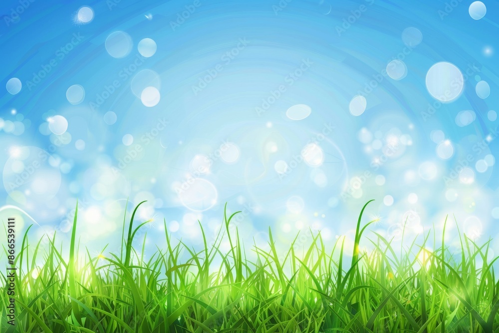Abstract landscape with green grass and a blue sky, Spring or summer abstract nature background with grass and bokeh lights. Blue sky in the back Abstract landscape with green grass and a blue sky, Spring or summer abstract nature background with grass and bokeh lights. Blue sky in the back