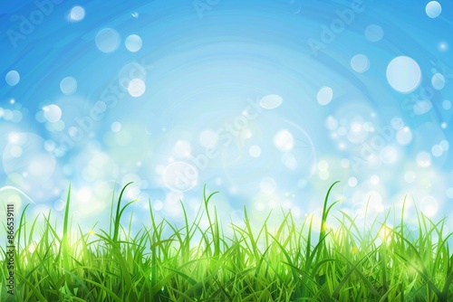 Abstract landscape with green grass and a blue sky, Spring or summer abstract nature background with grass and bokeh lights. Blue sky in the back 