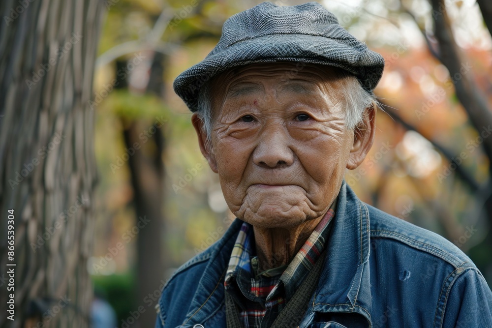 Portrait of a senior man with a thoughtful expression, wearing a hat in a tranquil park setting