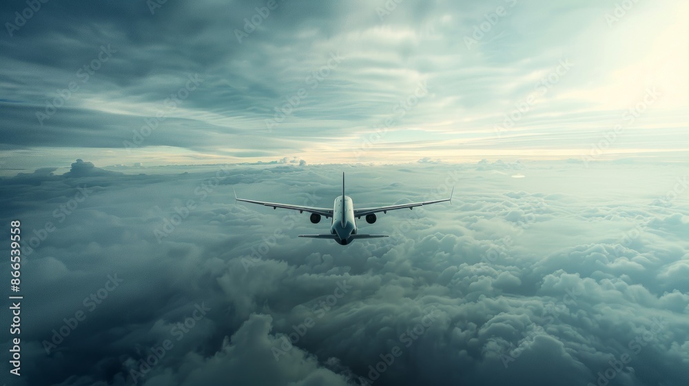 A single airplane flies through a breathtaking expanse of clouds, bathed in the golden glow of a setting sun A single airplane flies through a breathtaking expanse of clouds, bathed in the golden glow of a setting sun