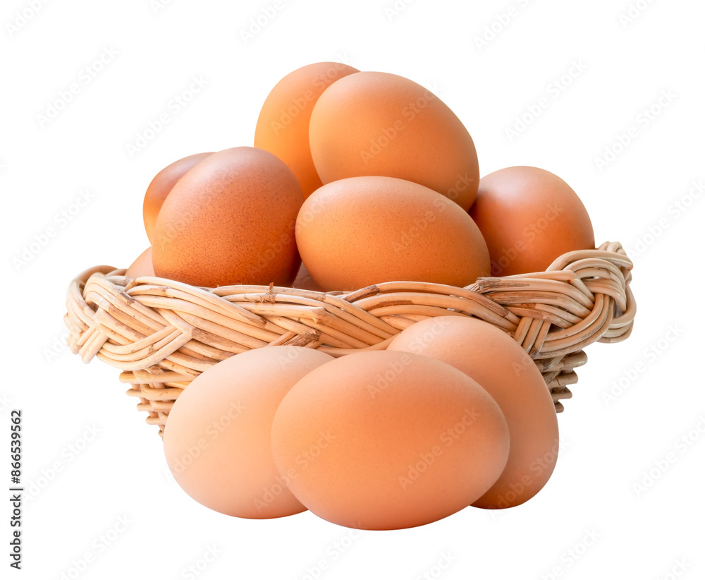 Front view of brown chicken eggs in stack in wicker basket isolated with clipping path in png file format Front view of brown chicken eggs in stack in wicker basket isolated with clipping path in png file format