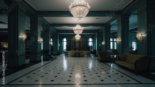 Hotel lobby interior with reception desk, marble floor and crystal lamp. photo