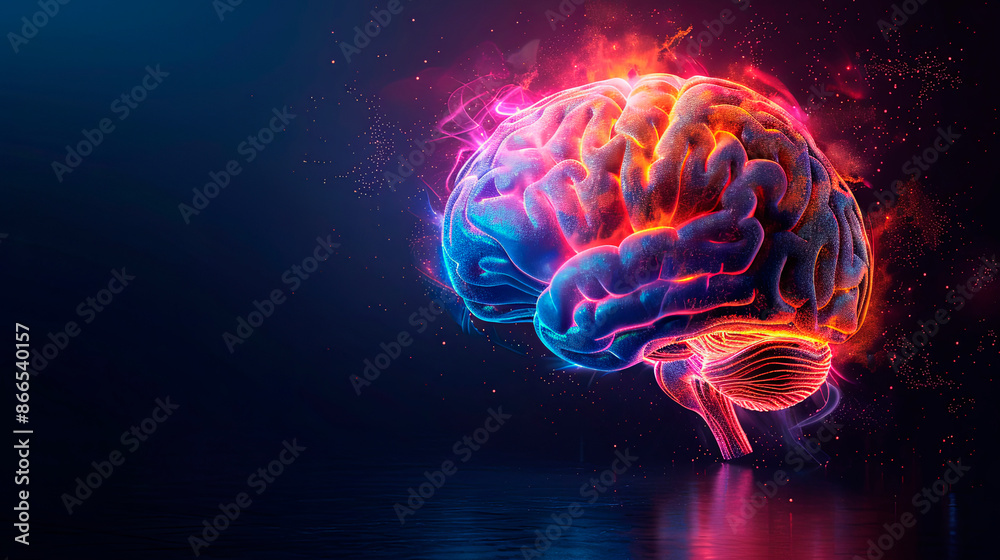 Vivid digital illustration of a human brain illuminated with colorful lights against a dark background. Concept: brain activity, intelligence, technology, innovation. Suitable for tech, education