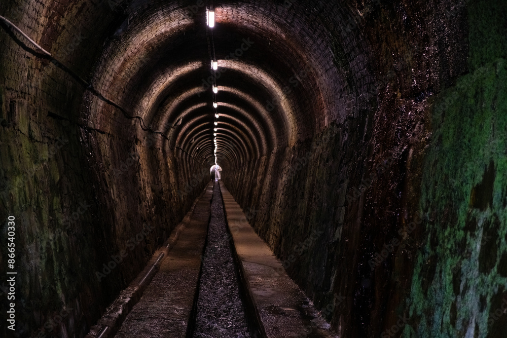 A train track disappearing into a dark tunnel, showing the path of the railway disappearing into the shadows. A train track disappearing into a dark tunnel, showing the path of the railway disappearing into the shadows.