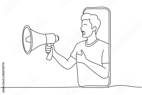 internet advertisement. Hands holding smartphone with a man shouting in loud speaker.continuous line art vector illustration