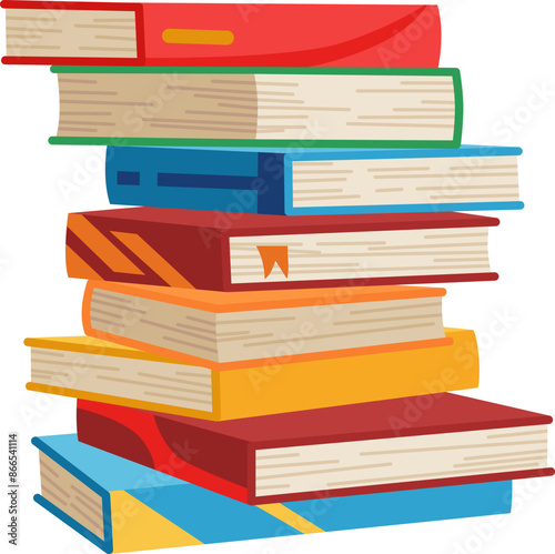High book stacks or pile. Library textbooks and school literature heaps, dictionaries. Bookstore advertise. Cartoon stacked books angle view with different colorful covers isolated on white
