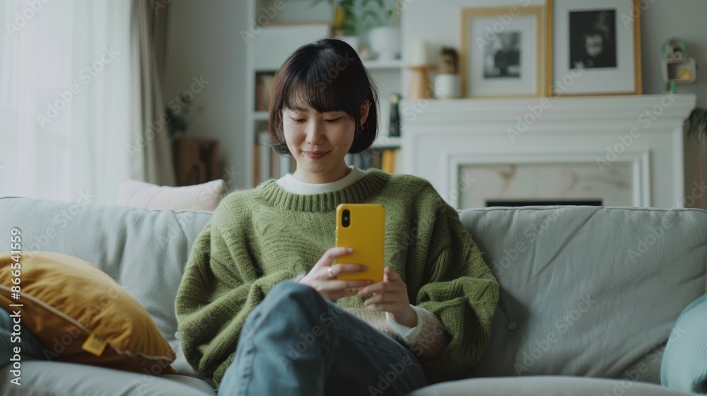 The woman with yellow smartphone The woman with yellow smartphone