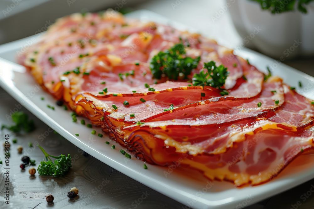 Gourmet Prosciutto Slices on a Rustic Plate. Fine dining, charcuterie, and Italian cuisine. Gourmet Prosciutto Slices on a Rustic Plate. Fine dining, charcuterie, and Italian cuisine.