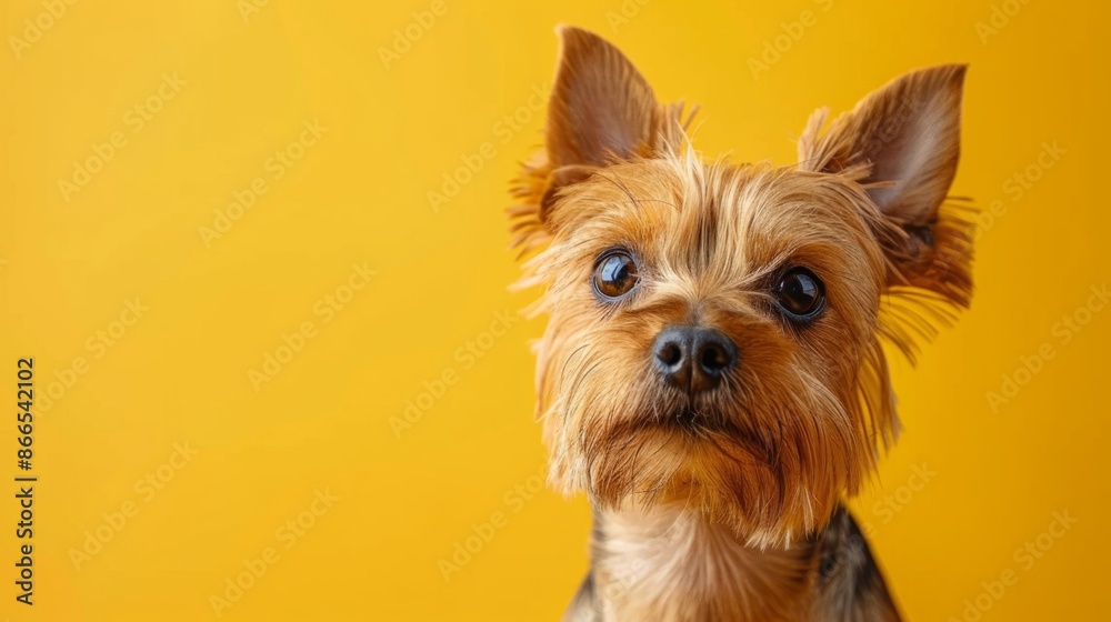 Yorkshire terrier dog is posing on a vibrant yellow background Yorkshire terrier dog is posing on a vibrant yellow background