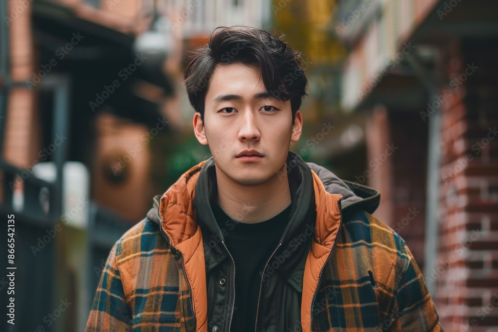 Fototapeta premium Portrait of a confident young asian man dressed in stylish autumn attire on a city street