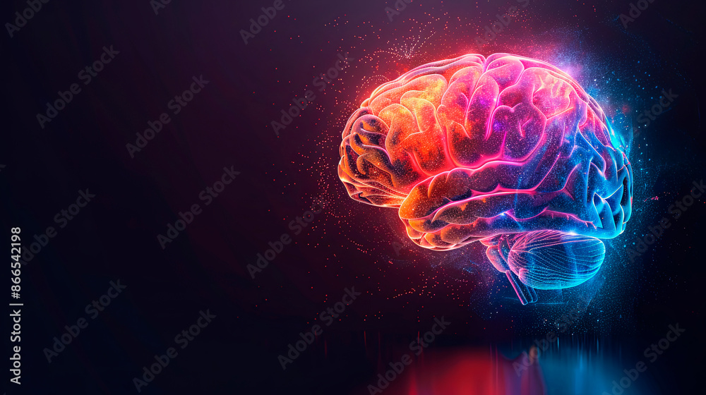 Vivid digital illustration of a human brain illuminated with colorful lights against a dark background. Concept: brain activity, intelligence, technology, innovation. Suitable for tech, education Vivid digital illustration of a human brain illuminated with colorful lights against a dark background. Concept: brain activity, intelligence, technology, innovation. Suitable for tech, education