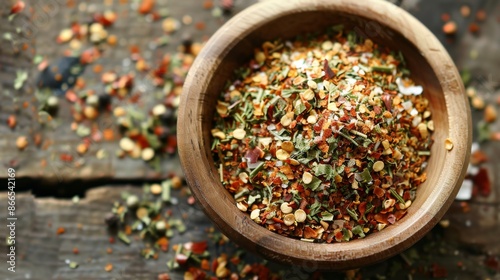 Fototapeta Naklejka Na Ścianę i Meble -  Wooden Bowl of Mixed Spices on Rustic Background. Umami Seasoning Blend