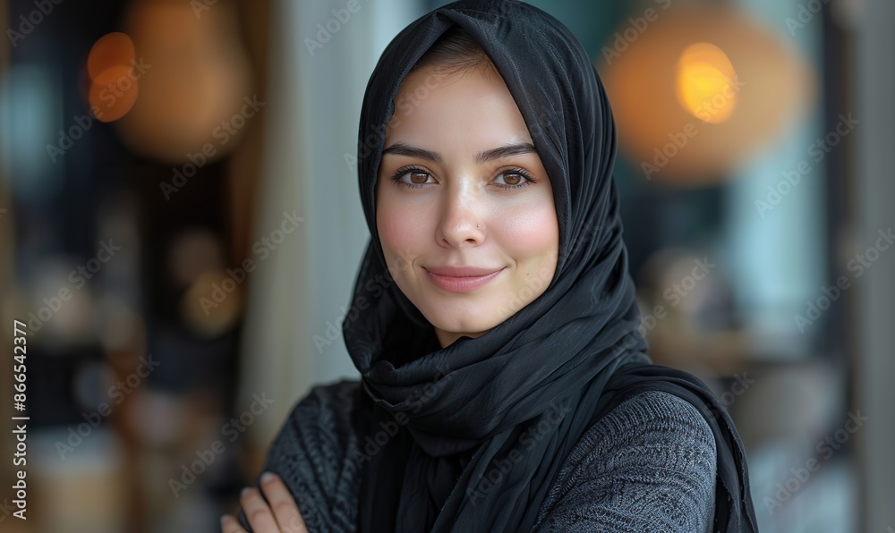 Young Arabian Asian Muslim woman, confident in abaya hijab, stands with folded hands on plain blue background Young Arabian Asian Muslim woman, confident in abaya hijab, stands with folded hands on plain blue background
